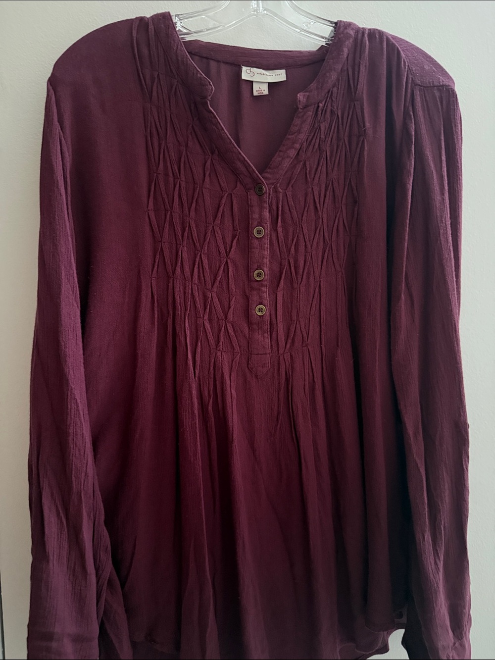 CB Established 1962 Wine Pintuck Henley Tunic Long Sleeve Top